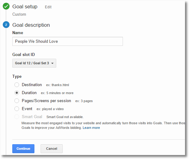 google analytics duration goal setup