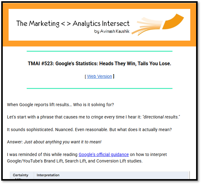 Marketing Analytics Newsletter by Avinash Kaushik